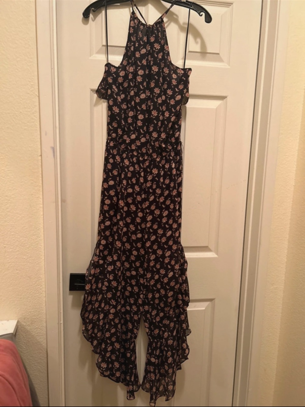 Joie Black Jumpsuit with Pink Floral Print and Ruffled Hem